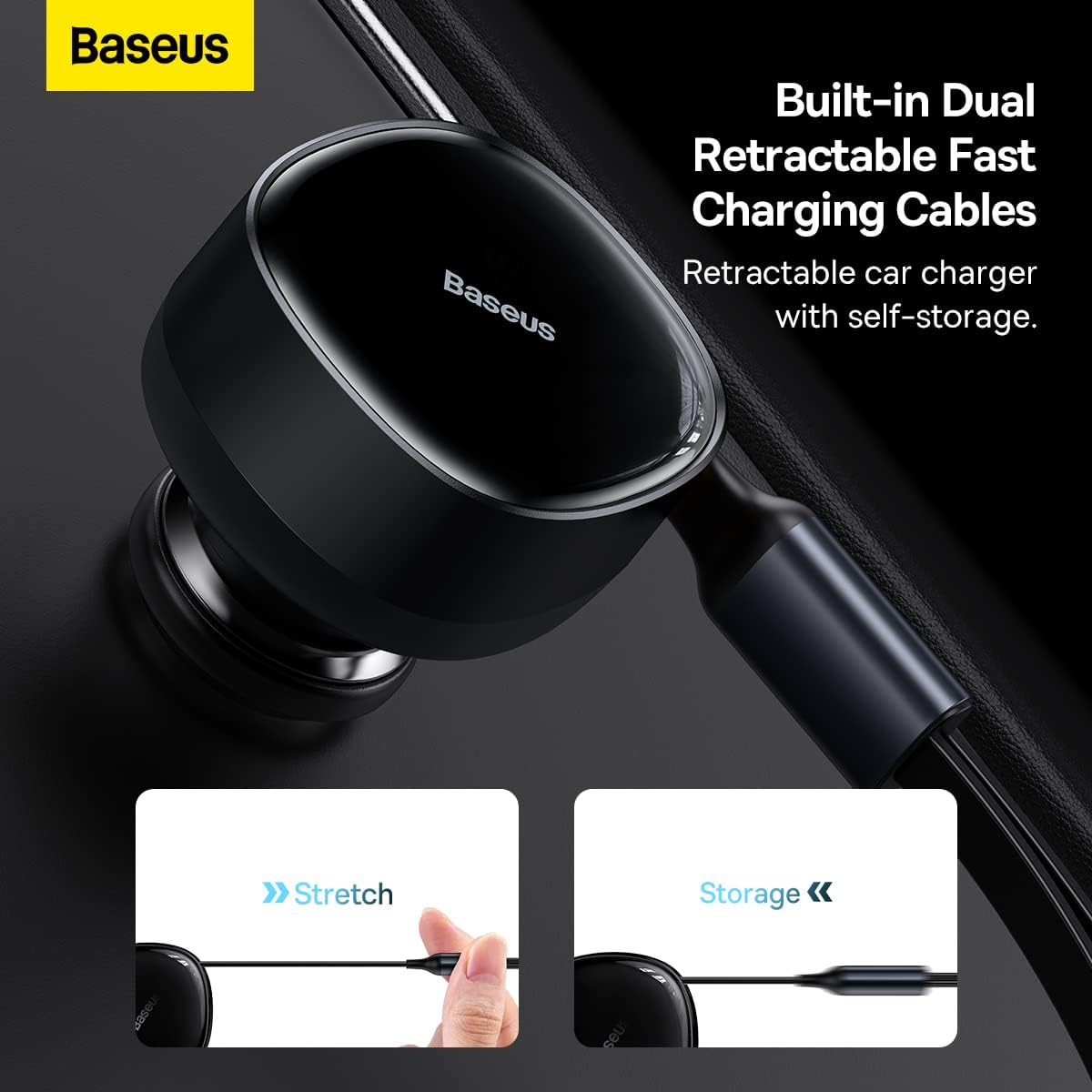 Baseus Enjoyment 30W Retractable 2-in-1 Car Charger, Fast Charging with Built-in Lightning & Type-C Cable, PD & QC 3.0, for 12V-24V Cars (Black) — Black