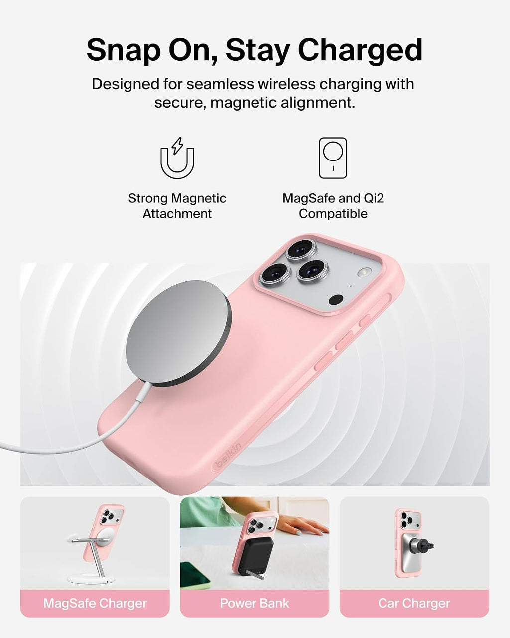 Belkin SheerForce Protect MagSafe Compatible iPhone 17 Pro Case with Slim Design & Anti-Scratch Treated Coating - Magnetic, Transparent, & Shockproof Protective iPhone Case - Pink