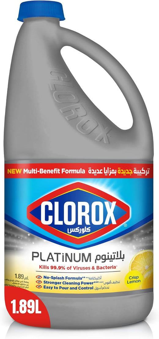 Clorox Platinum Bleach 1.89L, Crisp Lemon, Upgrade Your Clean With A New Multi-Benefit, No Splash Thick Bleach Liquid Formula
