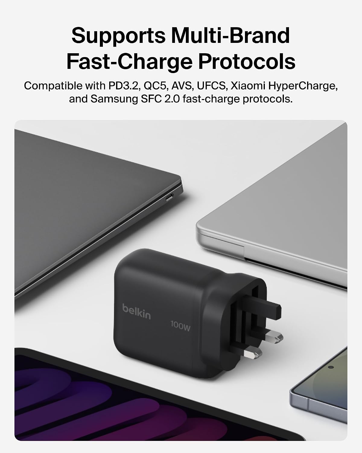 Belkin BoostCharge USB C Plug Charger 100W, GaN Compact and Foldable Plug Charger, Fast Charging for iPhone 17, Samsung Galaxy S26, Pixel 10, AirPods, Tablet, MacBook, Chromebook - Black