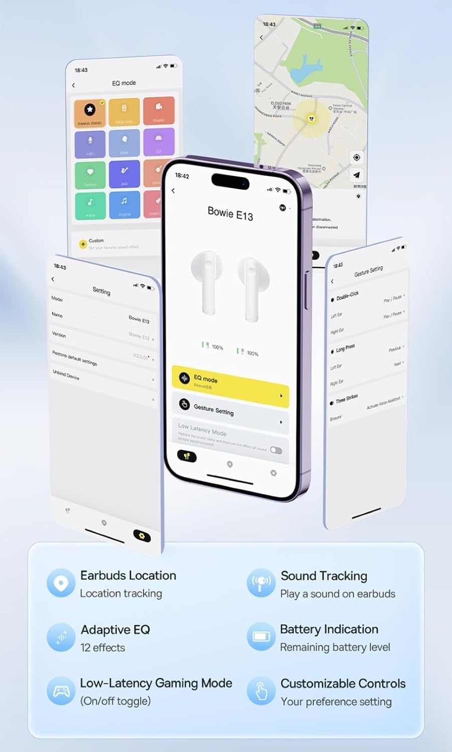 Baseus Bowie E13 TWS Earbuds Bluetooth 5.3 Wireless Earphones, 30H Playtime, 12mm Drivers, 0.06s Low Latency, Fast Charging, App Control, Custom EQ, Touch Controls — Black