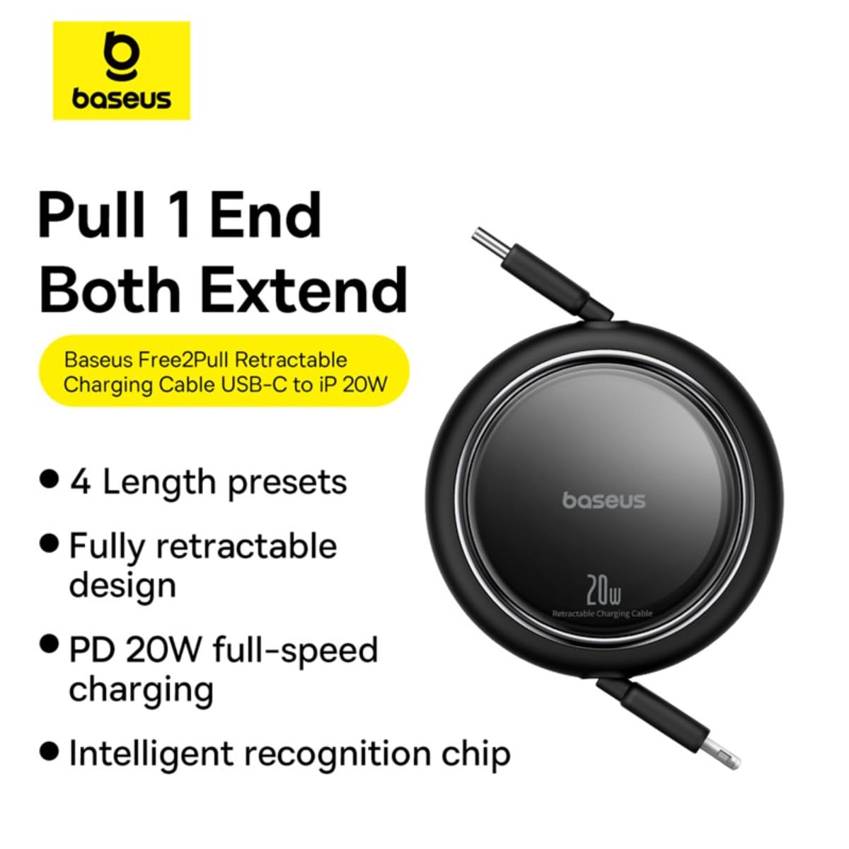 Baseus Free2Pull Retractable USB-C to Lightning Cable 20W — 1m — Black