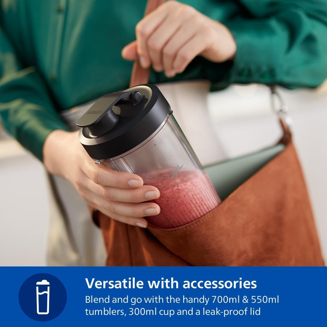 Philips Blender 1000W, 2 Tumblers + 0.3L Cup, Pulse Option, Press & Twist — Silver metal