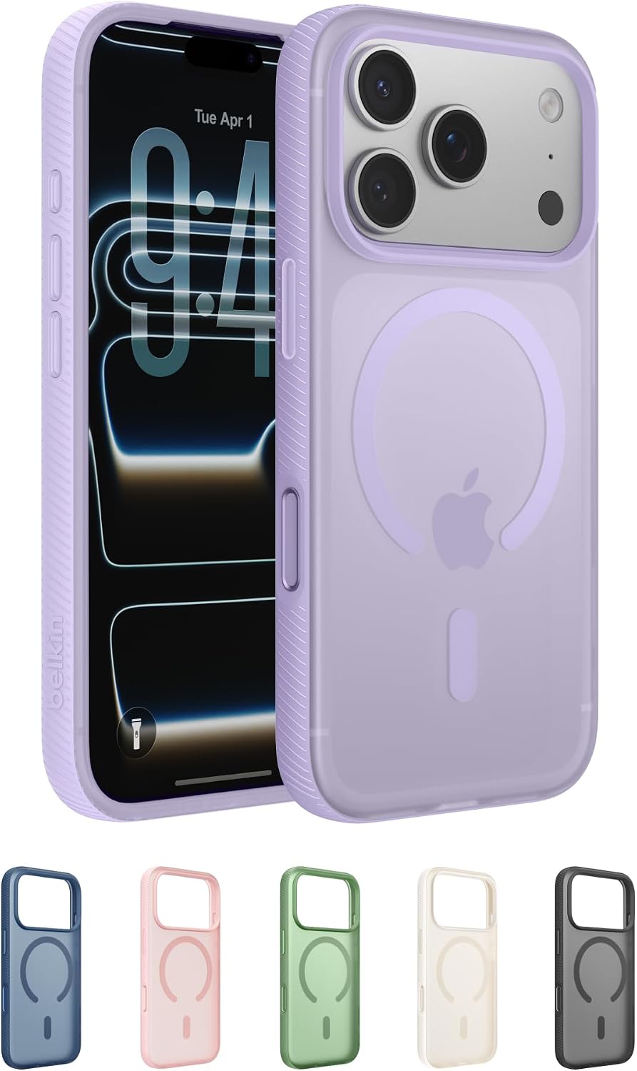 Belkin SheerForce Grip MagSafe Compatible iPhone 17 Pro Case with Slim Design & Anti-Slip Side Lines - Magnetic, Transparent, & Shockproof Protective iPhone Case - Lavender