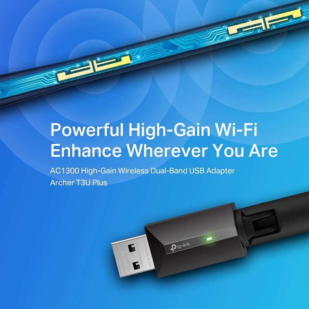 TP-LINK AC1300 High Gain USB 3.0 Wi-Fi Dongle, Dual Band MU-MIMO Wi-Fi Adapter with 5dBi Antenna for PC/Desktop/Laptop, Supports Windows 10/8.1/8/7 (Archer T3U Plus)