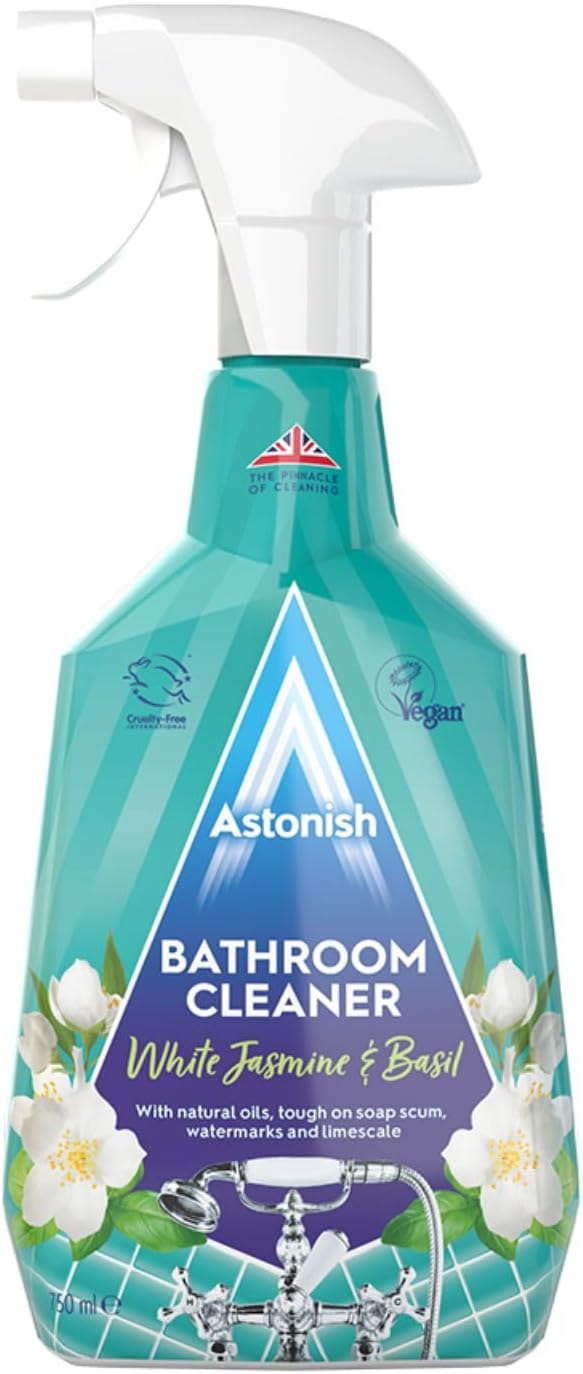 Astonish Bathroom Cleaner White Jasmine & Basil, Tough on Soap Scum Watermarks and Limescale, Streak Free Shine, With Natural Oils, Vegan and Cruelty Free Spray, 750ml — front product image