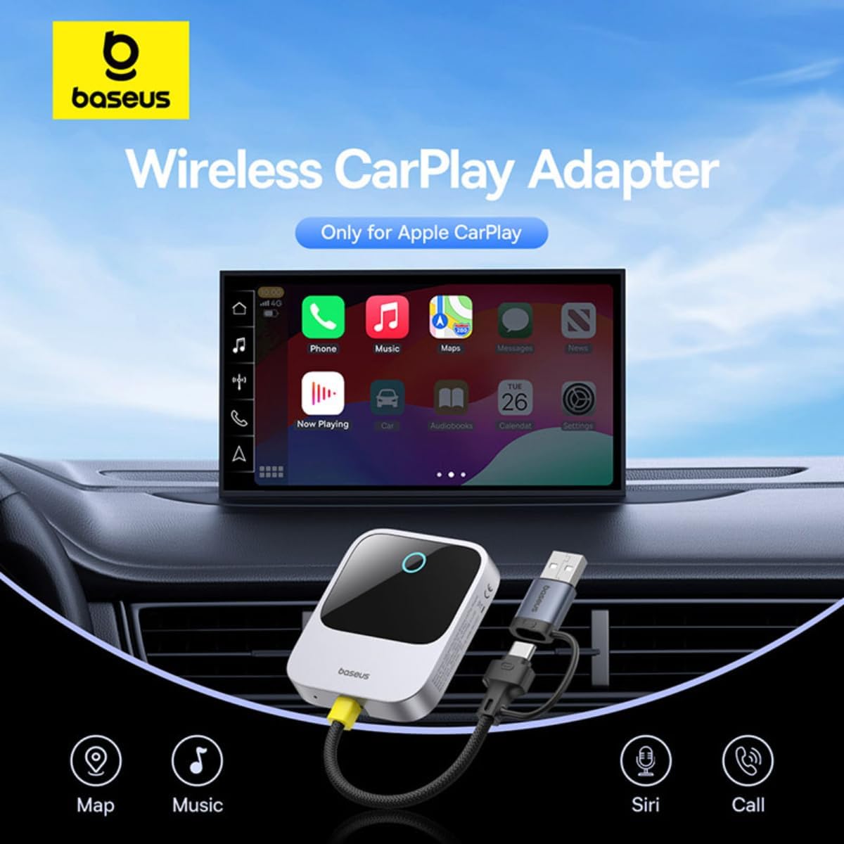 Baseus Wireless CarPlay Adapter for iPhone - Converts Wired CarPlay to Wireless, Plug & Play Carplay for Cars from 2017 & for iPhone iOS 10+, Prime Trip Safe Journey, Only for Apple carplay - Grey — Grey