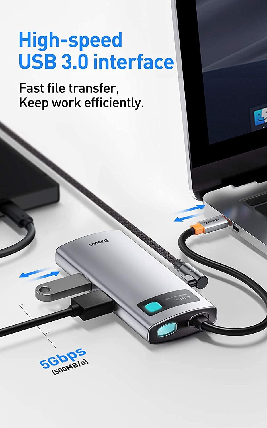 Baseus 4 in 1 USB C Hub, Docking Station 5Gbps Data Transfer, 4K@60Hz Type C to HDMI, 2 USB-A 3.0 Ports, PD 100W, Multiport Adapter — 4 in 1-GS — Grey