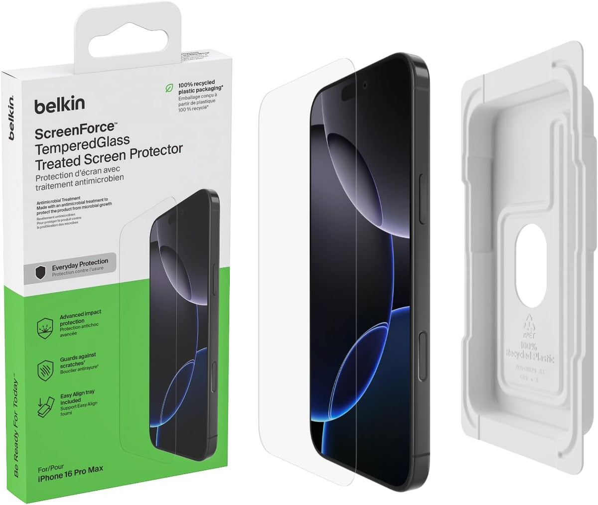 Belkin ScreenForce TemperedGlass iPhone 16 Pro Max Screen Protector, crystal clear, scratch-resistant, bubble-free application included, full screen tempered glass protector for iPhone 16 Pro Max