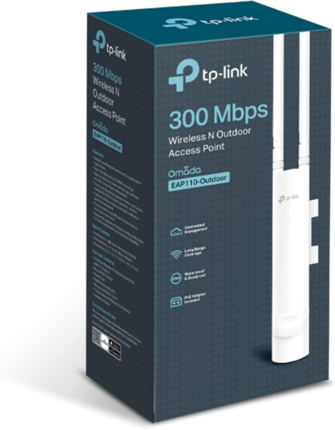 TP-Link Omada EAP110-Outdoor N300 Wireless Outdoor Access Point, WiFi Coverage up to 200 meters, Passive PoE with Free PoE Injector, SDN Integrated Cloud Access & Omada App