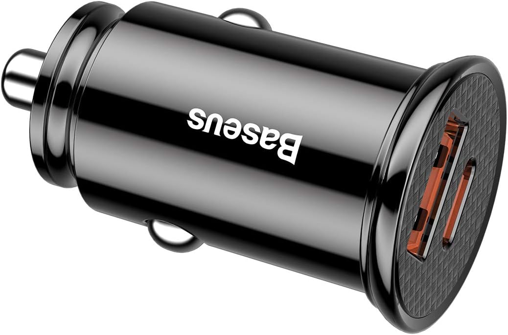Baseus Smart Fast Car Charger 30W Dual Port USB & USB-C Adapter, Supports QC4.0 PD3.0 SCP AFC VOOC, Compact 12V-24V Car Charger with LED Light & Multi-Layer Safety Protection — Black