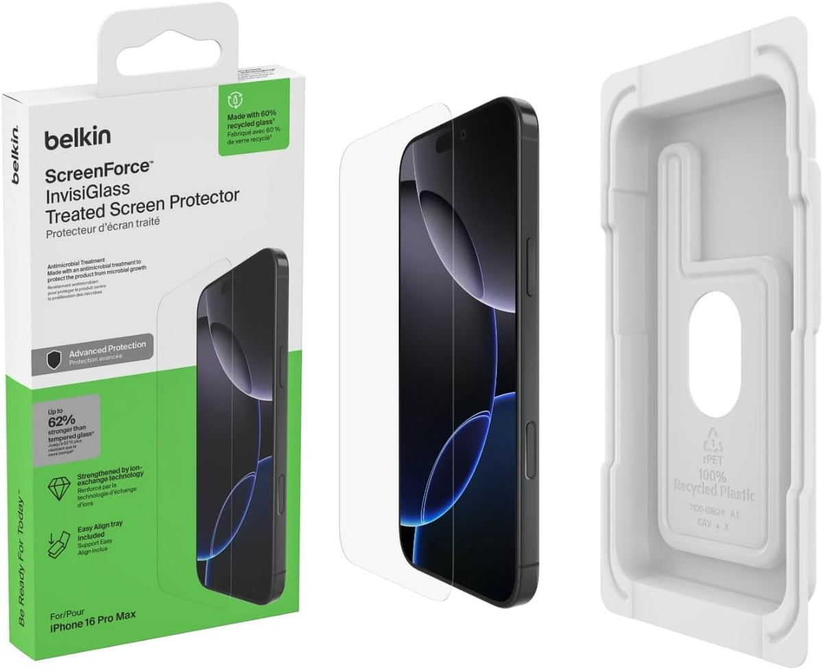 Belkin ScreenForce InvisiGlass iPhone 16 Pro Max Screen Protector, scratch-resistant impact protection, easy align tray for bubble free application, made with recycled glass for iPhone 16 Pro Max