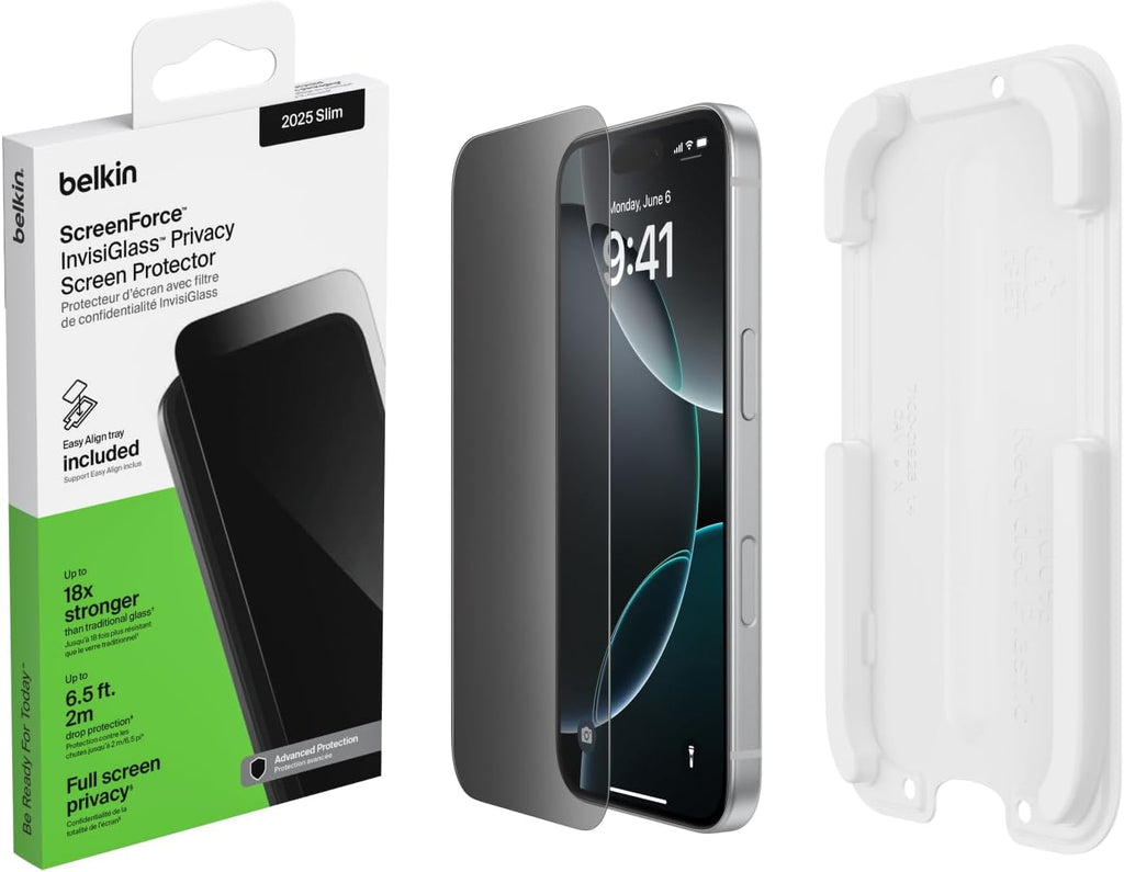 Belkin ScreenForce InvisiGlass iPhone Air Privacy Screen Protector, Scratch-Resistant Impact Protection, Easy Align Tray for Bubble Free Application Included, 9H Hardness Tested Recycled Glass