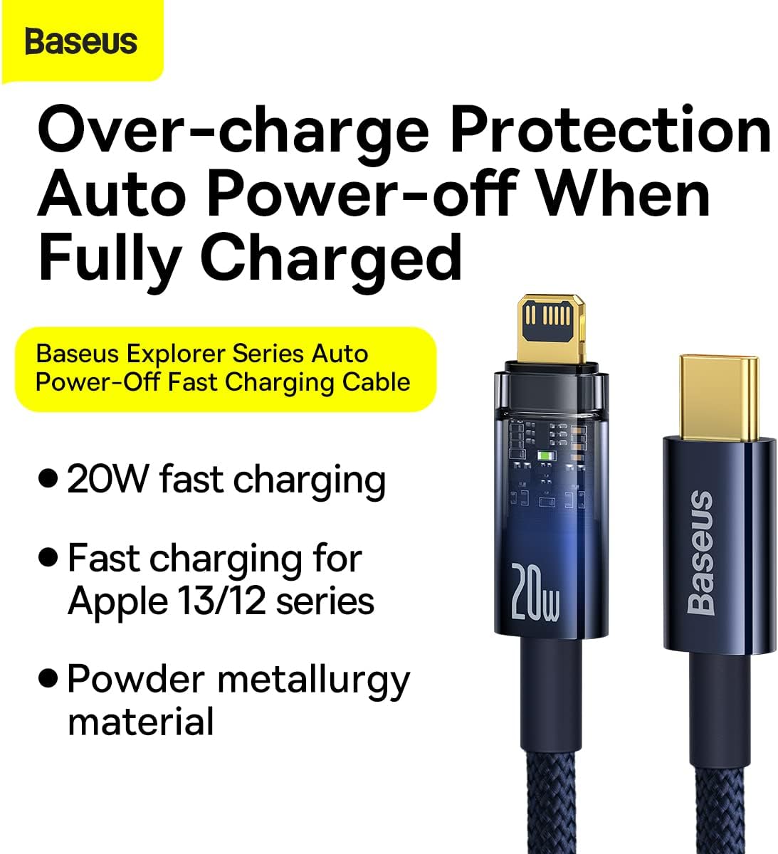 Baseus Explorer Auto Power-Off USB-C to Lightning Cable 20W — 1m — Blue