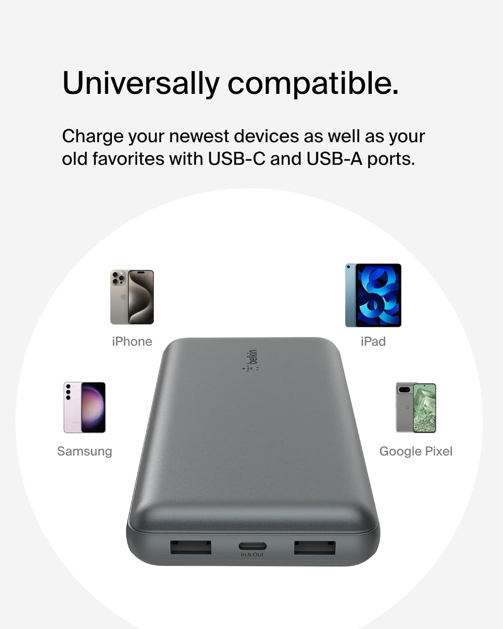 Belkin Portable Charger, USB C Power Bank 20000 mAh w/2 USB-A Ports, 15W w/A to C Cable - iPhone 17, Air, Pro, Pro Max, AirPods, Samsung Galaxy S25,iPad,Nintendo Switch 2,Google Pixel 10 – Space Gray