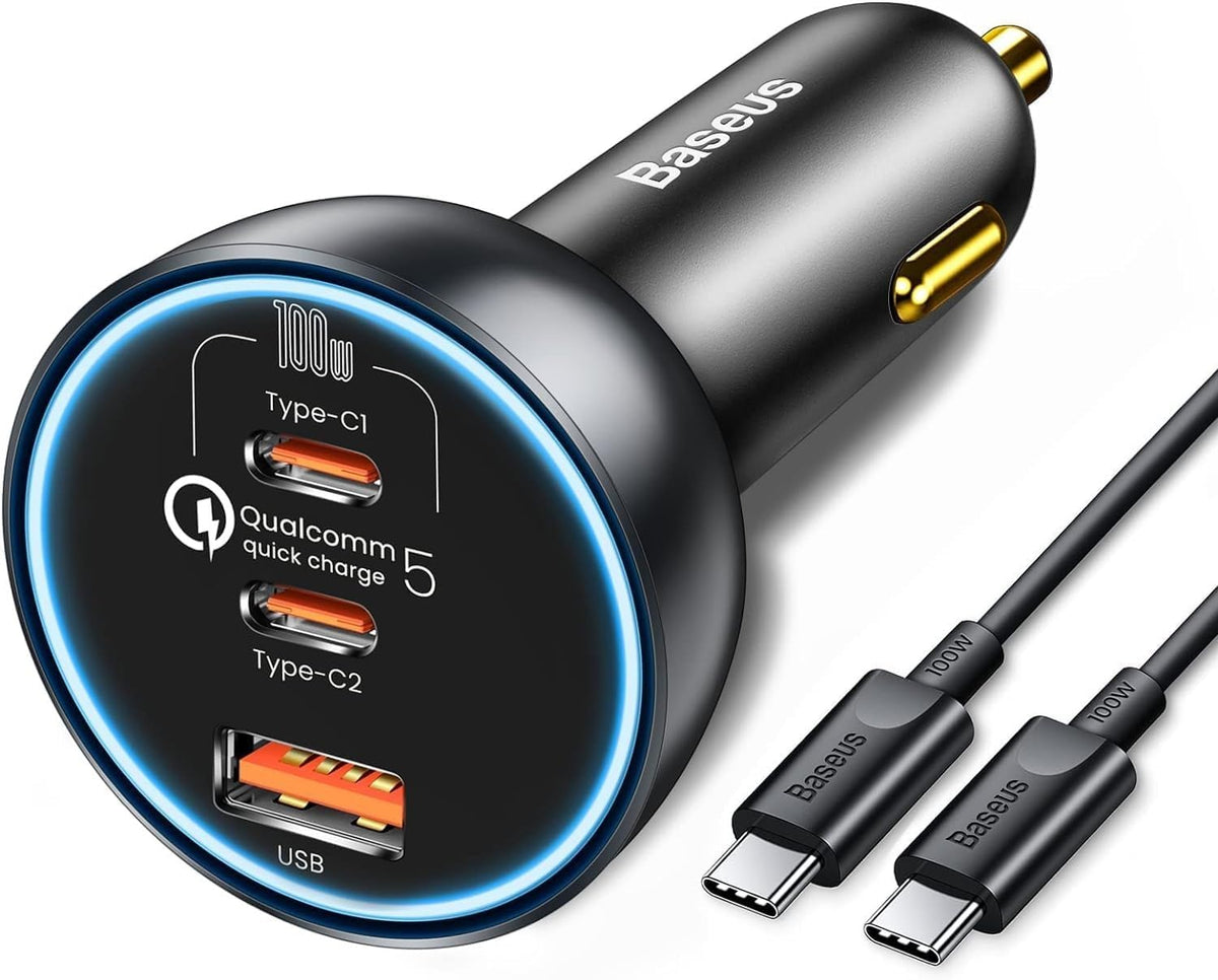 Baseus Qualcomm® Quick Charge™ 5 Technology Multi-Port Fast Charge Car Charger C+C+U 160W set Gray（with Baseus Xiaobai series fast charging Cable Type-C to Type-C 100W (20V/5A) 1m Black） — Black