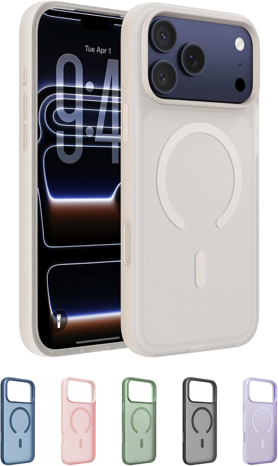 Belkin SheerForce Grip MagSafe Compatible iPhone 17 Pro Max Case with Slim Design & Anti-Slip Side Lines - Magnetic, Transparent, & Shockproof Protective iPhone Case - Sand