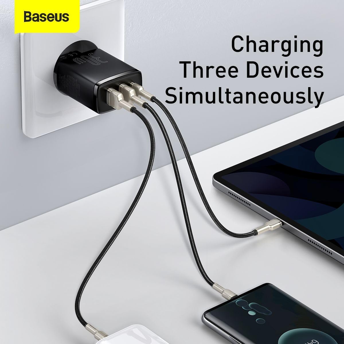 Baseus 30W USB-C PD Fast Charger, 1-Port Type-C & Dual-Port QC3.0 Wall Adapter EU Plug — 30W-EU-1C+2A — Black