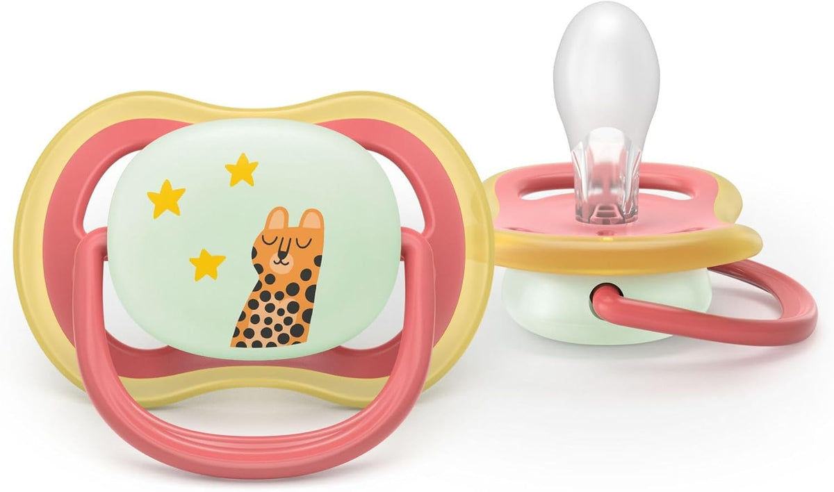 Philips Avent Ultra Air Nighttime Soothers - Orthodontic Design, for Babies 18 Months+, Glow in The Dark, Extra-Firm Silicone Symmetrical Teat, BPA-Free, with Sterilizing Case, 2 Pack, SCF376/33 — Transparent