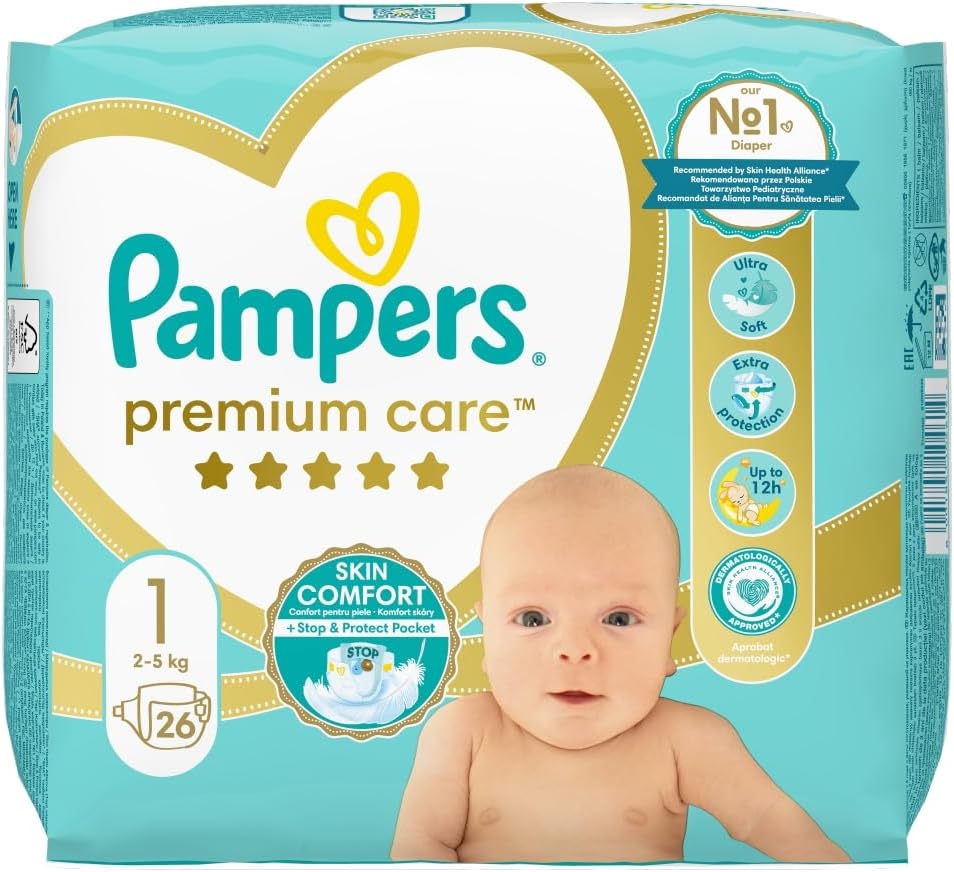 Pampers Nappies Size 1 (2-5 kg) Premium Care Nappies, Pack of 26, Best Comfort and Protection for Sensitive Skin Pampers