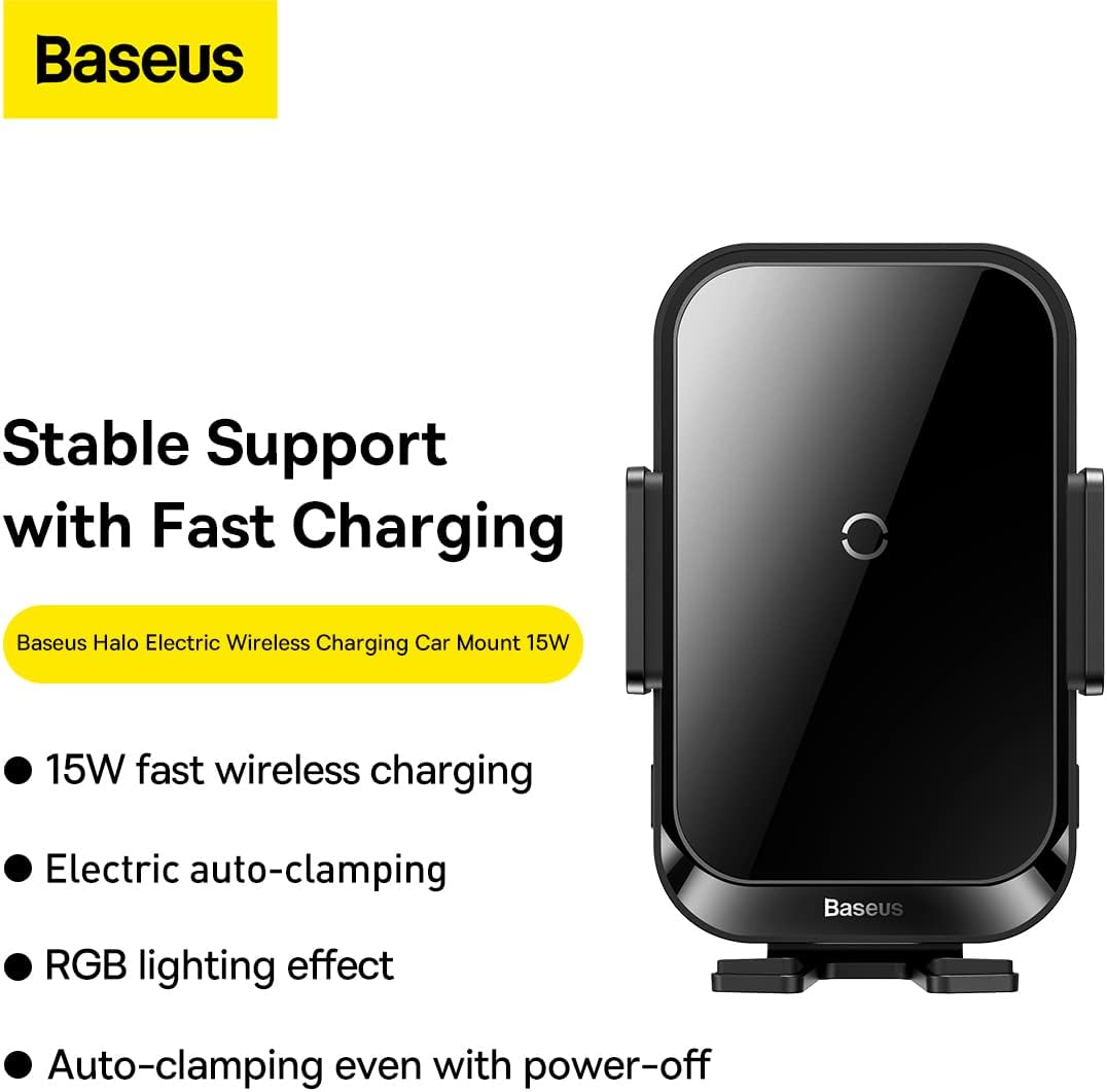 Baseus 15W Car Wireless Charger for Air Vent, Auto Clamping Car Phone Holder, Automatic Induction & Dynamic Lighting Car Phone Mount — Black