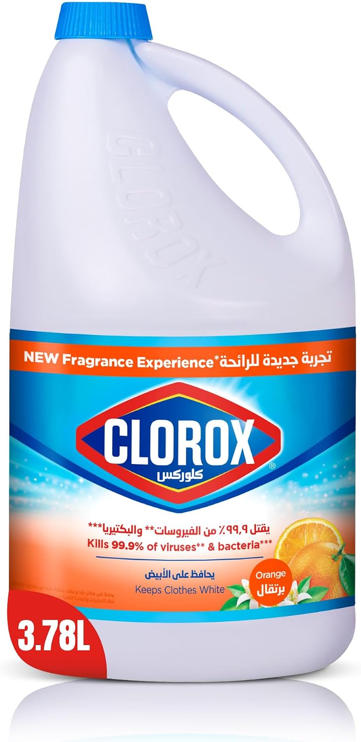 Clorox Liquid Bleach 3.78L, Orange Scent New Fragrance Experience, Kills 99.9% of Viruses and Bacteria, Cleans and Disinfects — front product image