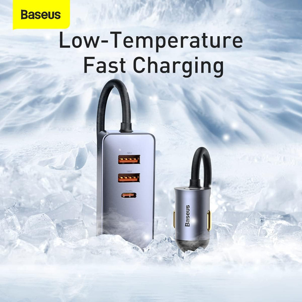 Baseus 120W 4-Port Car Charger Adapter with 5FT Cable, Fast Charging for Multiple Devices — Grey