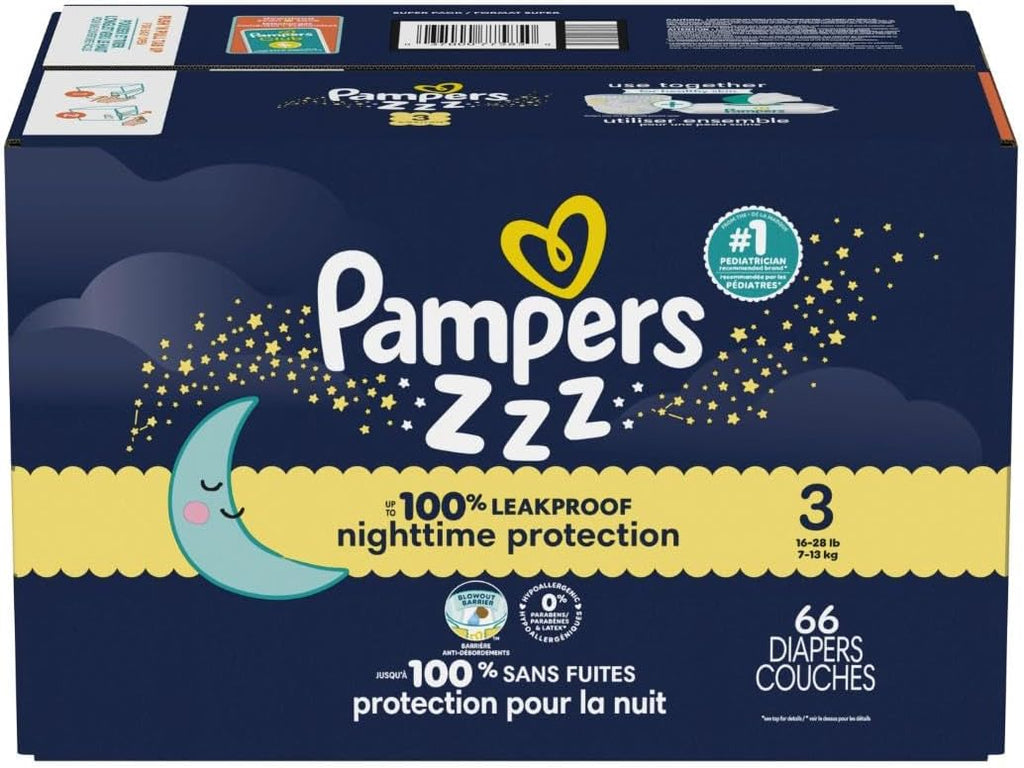 Pampers Diapers Size 3, 66 Count - Swaddlers Overnights Disposable Baby Diapers, Super Pack (Packaging May Vary)