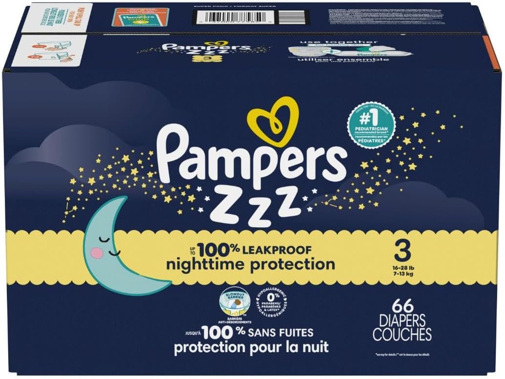 Pampers Diapers Size 3, 66 Count - Swaddlers Overnights Disposable Baby Diapers, Super Pack (Packaging May Vary)