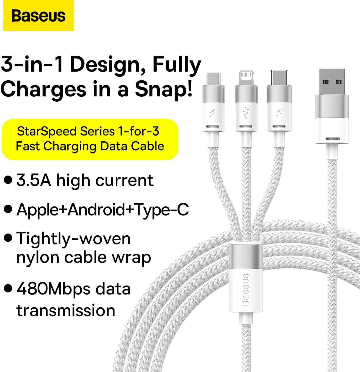 Baseus StarSpeed USB-A to Lightning / Micro-USB / USB-C Cable 3.5A — 1.2m — White