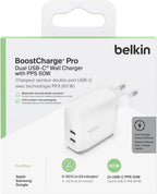 Belkin BoostCharge Dual USB-C Plug with PPS 60W for Apple iPhone, iPad, Samsung Galaxy, Google Pixel - Compatible w/USB-C to Lightning Cable & USB-C to USB-C - White