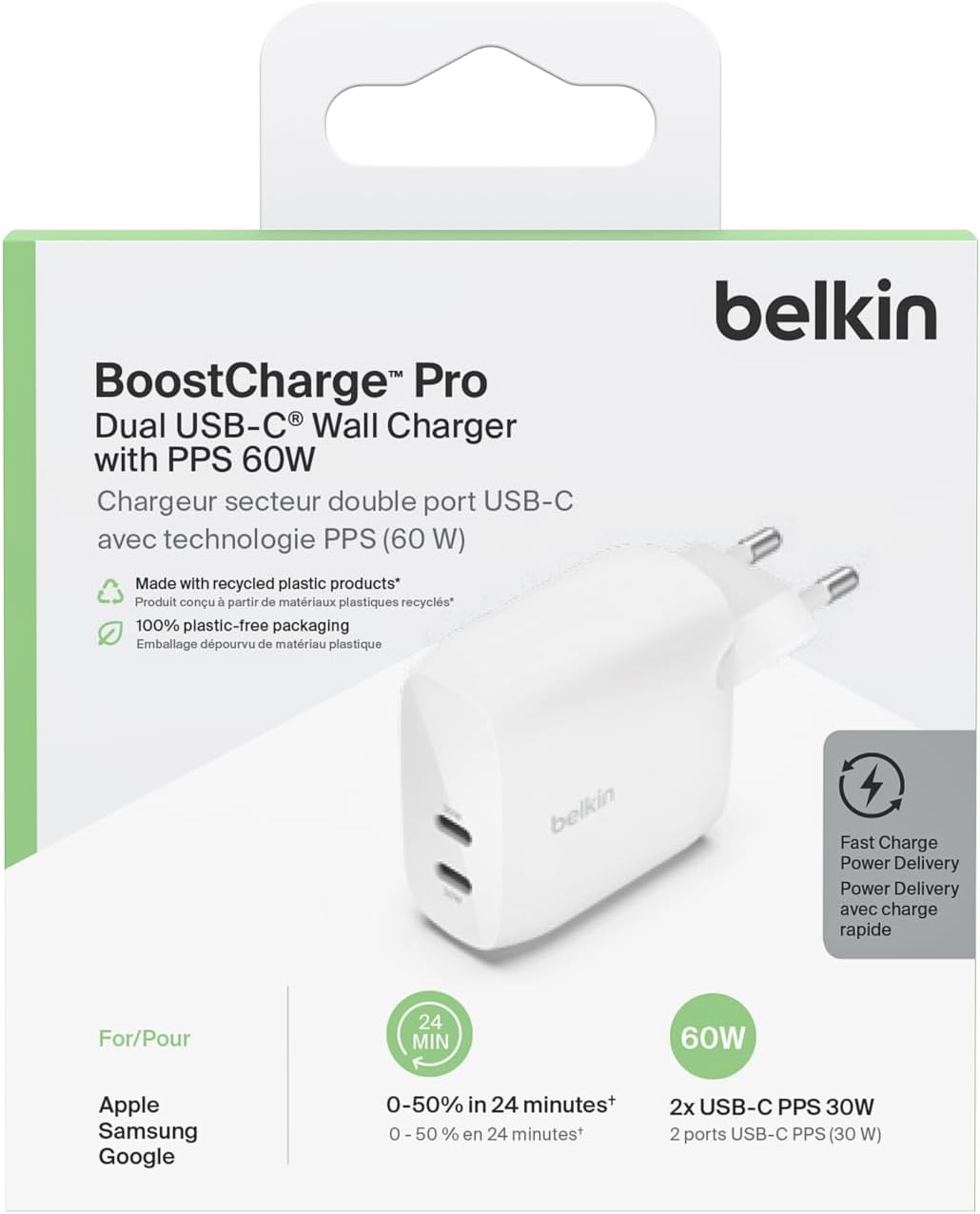 Belkin BoostCharge Dual USB-C Plug with PPS 60W for Apple iPhone, iPad, Samsung Galaxy, Google Pixel - Compatible w/USB-C to Lightning Cable & USB-C to USB-C - White