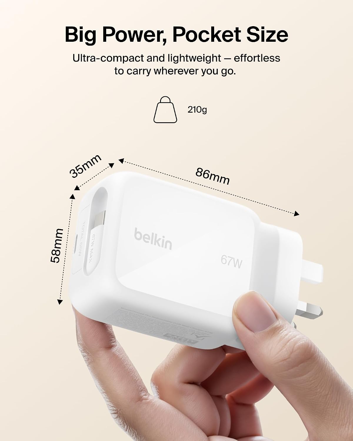 Belkin USB-C Charger Plug 67W with 3.3ft Retractable USB C Cable & USB C Port - GaN iPhone Charger, Fast Charging for iPhone 17 & 16 Series, Galaxy S26 Series, AirPods, Tablet, MacBook, Chromebook