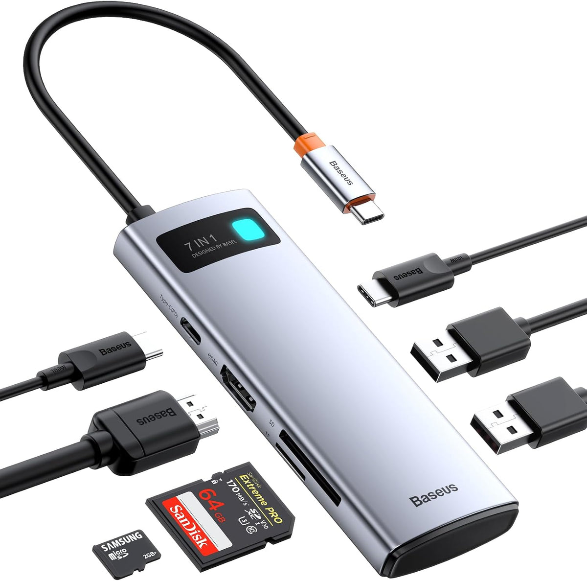 Baseus USB C Hub 7 in 1 Docking Station Adapter with 4K HDMI, 100W PD, 2 USB 3.0 5Gbps, 1 USB C, SD/TF Card Reader — 7 in 1 5Gbps — Silver