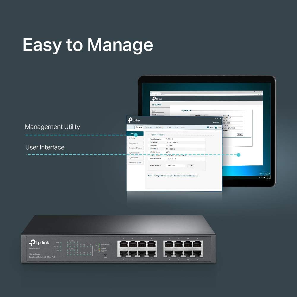 TP-Link TL-SG1016PE | 16 Port Gigabit PoE Switch | Easy Smart Managed | 8 PoE+ Ports @150W | Plug & Play | Sturdy Metal w/Shielded Ports | QoS, Vlan, IGMP & LAG | 3 Year Manufacturer Warranty
