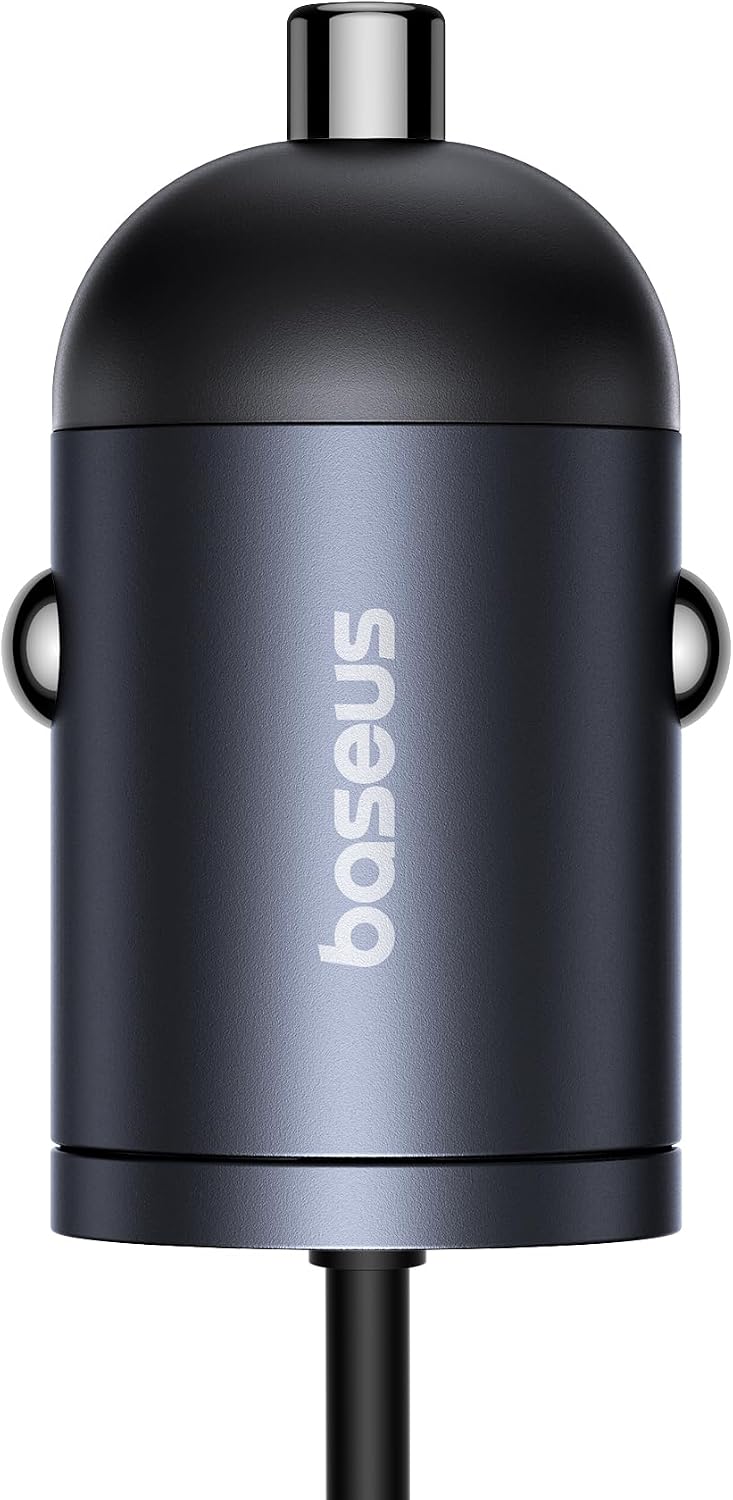 Baseus【1Port - Type C +30W Type L Coiled Cable】USB-C Car Phone Charger, Super Fast PD & QC 3.0 — Black