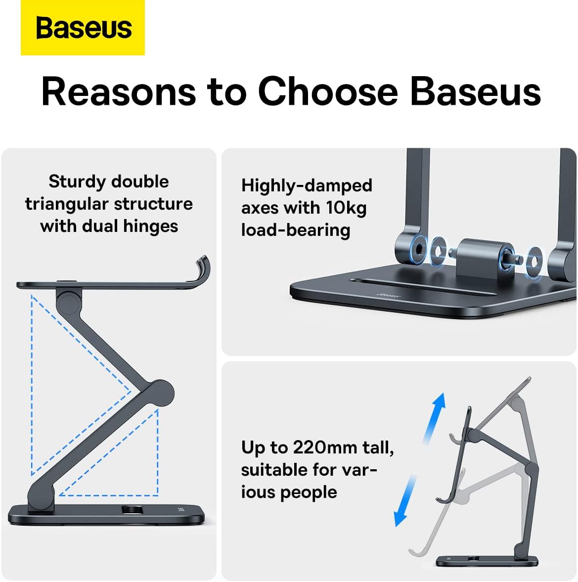 Baseus Metal Foldable Tablet Stand, Angle and Height Adjustable Phone Stand for Desk