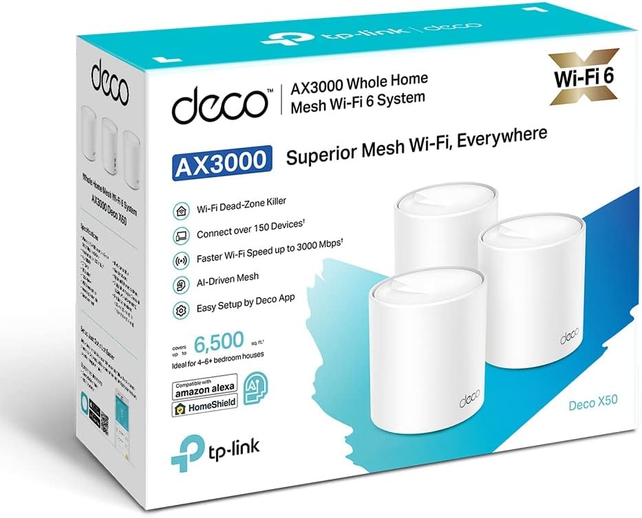 TP-Link Deco X50(3-pack) AX3000Mbps Mesh WiFi 6 System, AI-Driven, Coverage up to 6500ft²,WiFi Mesh System, WiFi Router, WiFi Extender Booster, Gaming & 4K, Easy Setup, Alexa & Google Home