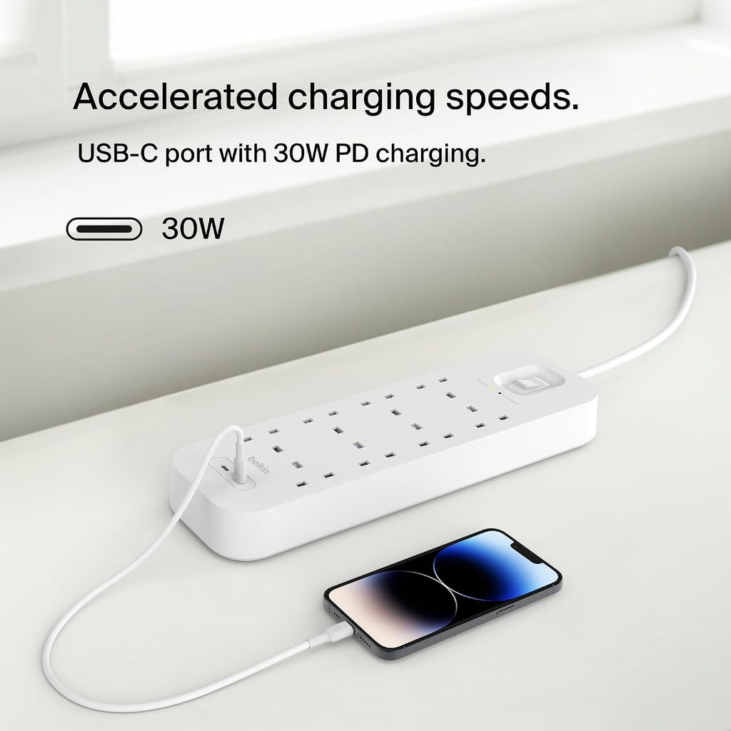 Belkin 8-Outlet Surge Protector Power Strip, Wall-Mountable with 8 AC Outlets, 2M Power Cord, & Green Indicator Light - 2 USB-C Ports w/USB-C PD Fast Charging - 900 Joules of Protection