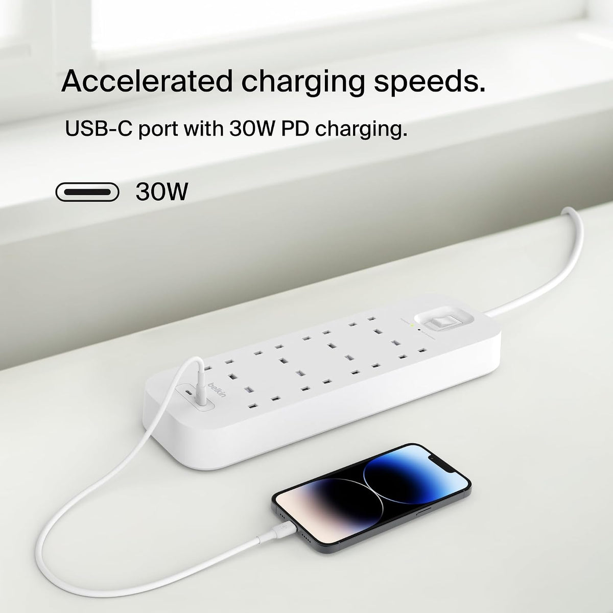 Belkin 8-Outlet Surge Protector Power Strip, Wall-Mountable with 8 AC Outlets, 2M Power Cord, & Green Indicator Light - 2 USB-C Ports w/USB-C PD Fast Charging - 900 Joules of Protection