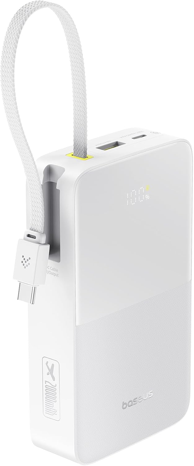 Baseus EnerFill Bipow2 Pro Power Bank 20000mAh With 22.5W USB-C PD And QC 3.0 Fast Charging, Built-in Nylon USB-C Cable, LED Digital Display, Compact Portable Charger — 20,000mah-22.5W — White