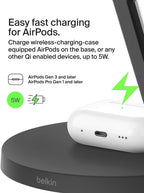 Belkin BoostCharge 3-in-1 Qi2 charger, MagSafe compatible wireless charging station, Qi2 Wireless Charger for Apple iPhone 17 Series, Air, Apple Watch, AirPods with Non-Slip Base, PSU Included - Black