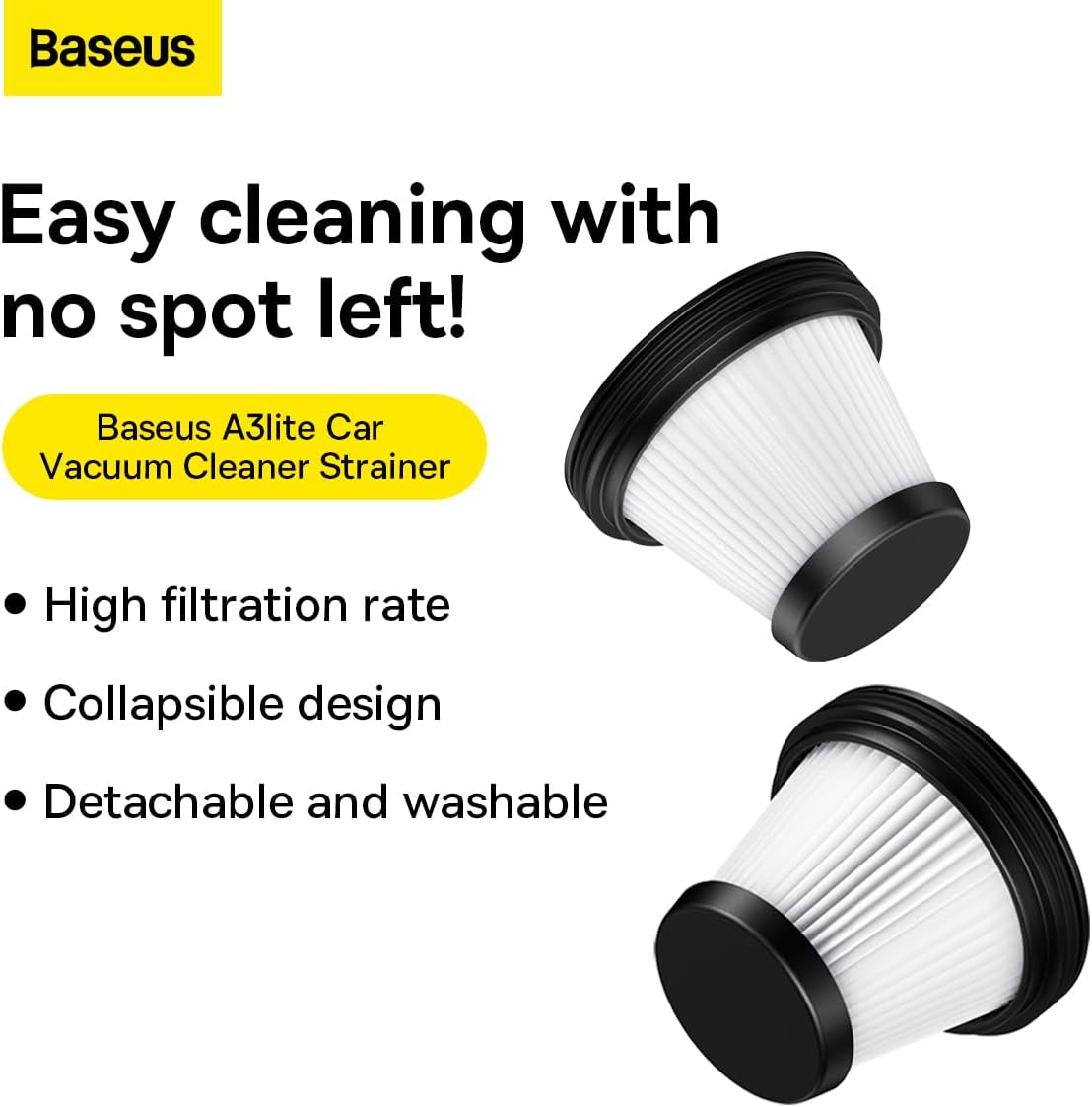 Baseus A3lite Car vacuum Cleaner Detachable and Washable Filter Pack of 2 (Black) — Black