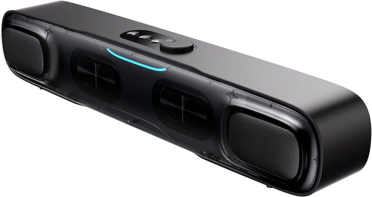 Baseus Wireless Single Soundbar Speaker With Bluetooth 5.3, App Controlled Mini Soundbar, Triple Audio Modes, 7-Colors RGB, Cable Audio with Microphone for TV, PC — Battery — Blue
