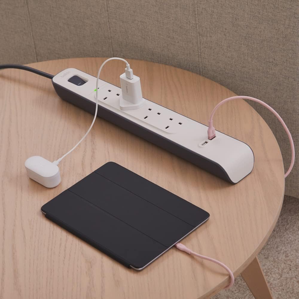 Belkin 4 Way 2 Meter Surge Protection Strip with 2 x 2.4 Ampere USB Charging