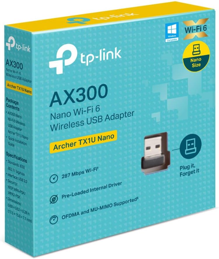 TP-Link Archer TX1U Nano AX300 Mbps, Nano Design, Plug and Play, Supports Linux and Windows(11/10/7), Wi-Fi 6 USB Adapter