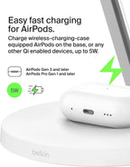Belkin BoostCharge 3-in-1 Qi2 charger, MagSafe compatible wireless charging station, Qi2 Wireless Charger for Apple iPhone 17 Series, Air, Apple Watch, AirPods with Non-Slip Base, PSU Included - White