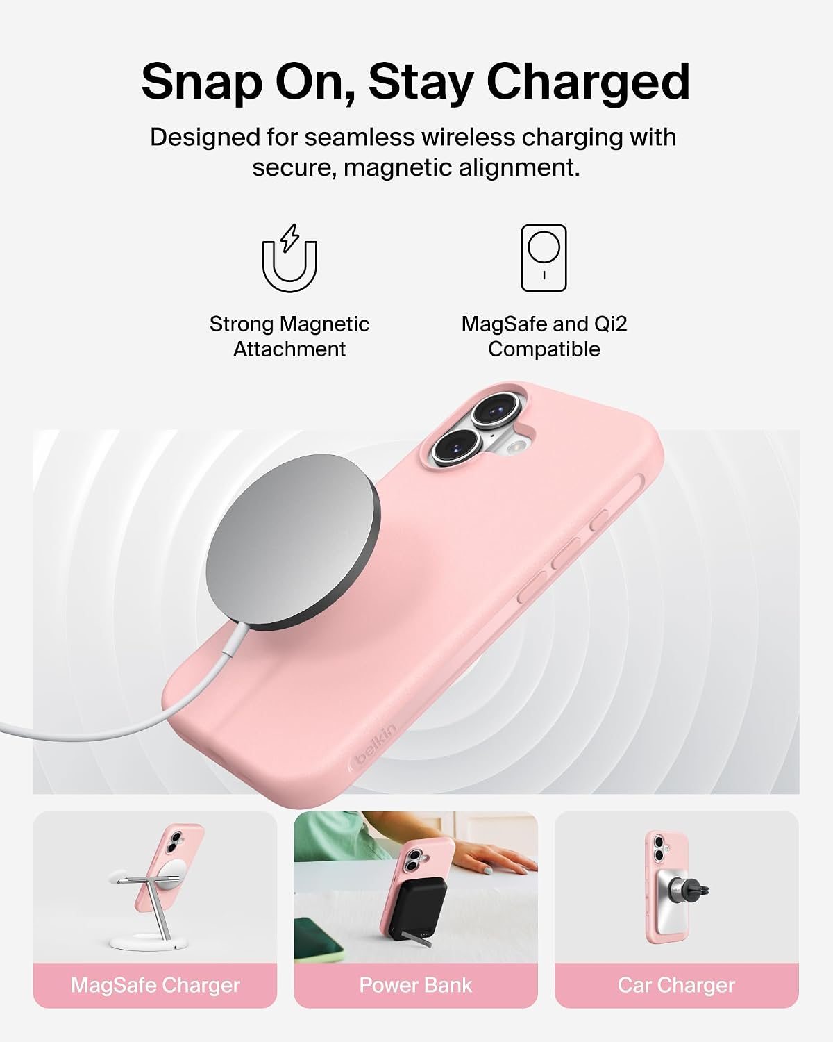Belkin SheerForce Protect MagSafe Compatible iPhone 17 Case with Slim Design & Anti-Scratch Treated Coating - Magnetic, Transparent, & Shockproof Protective iPhone Case - Pink