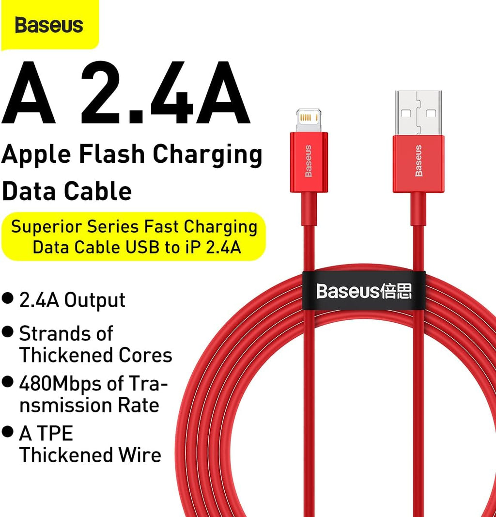 Baseus Superior Series PD 2.4A USB to Lightning Fast Charging Cable, High-Speed 480Mbps Data Transfer Cable — 1 Meters — Red