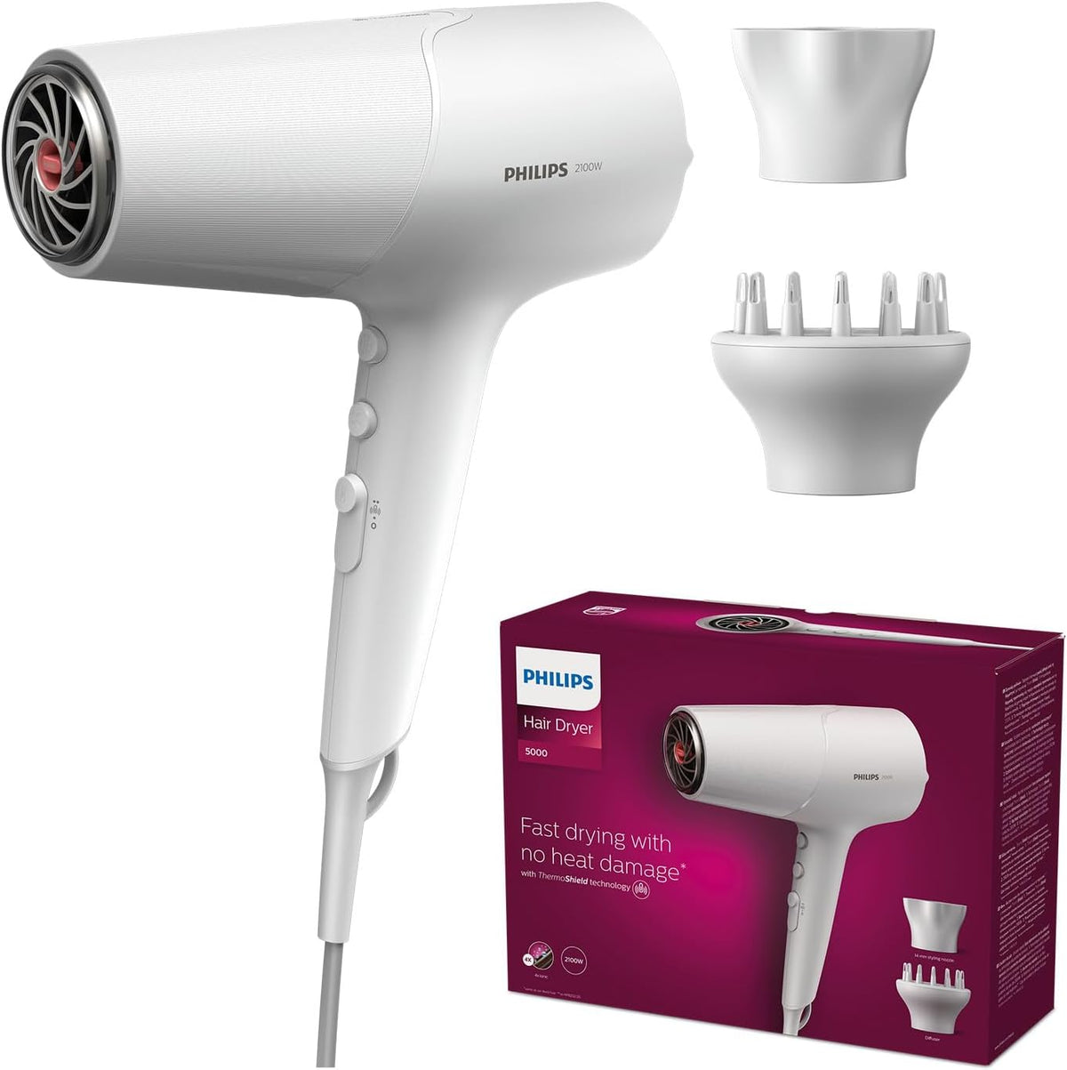 Philips -Hair Dryer 5000 Series, ThermoShield Technology, Ionic Care, 2100 W, White, with Styling Nozzle and Volume Diffuser, Model BHD500/20 — White/Metallic